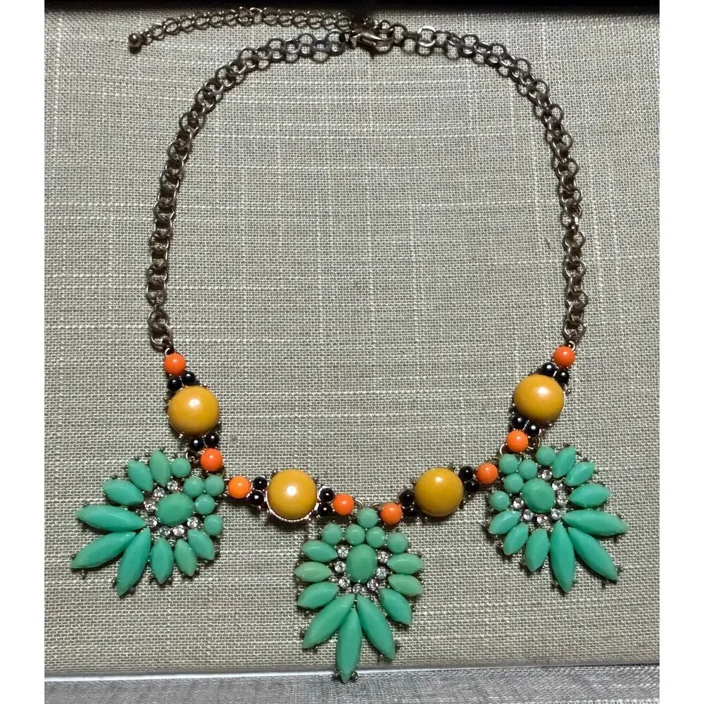 Y2K Statement Necklace Glow Black Light Gold Tone Rhinestone Bib Adjustable - Picture 3 of 13